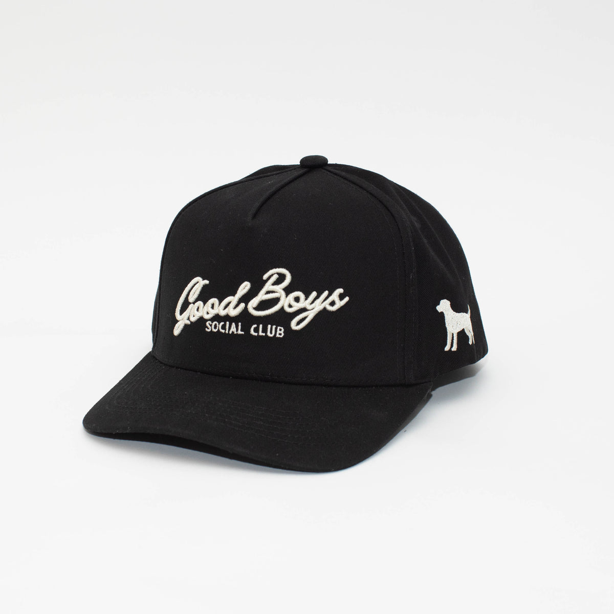 Angled view of the Black Label black hat with cream Good Boys Social Club embroidery and a dog silhouette on the side.