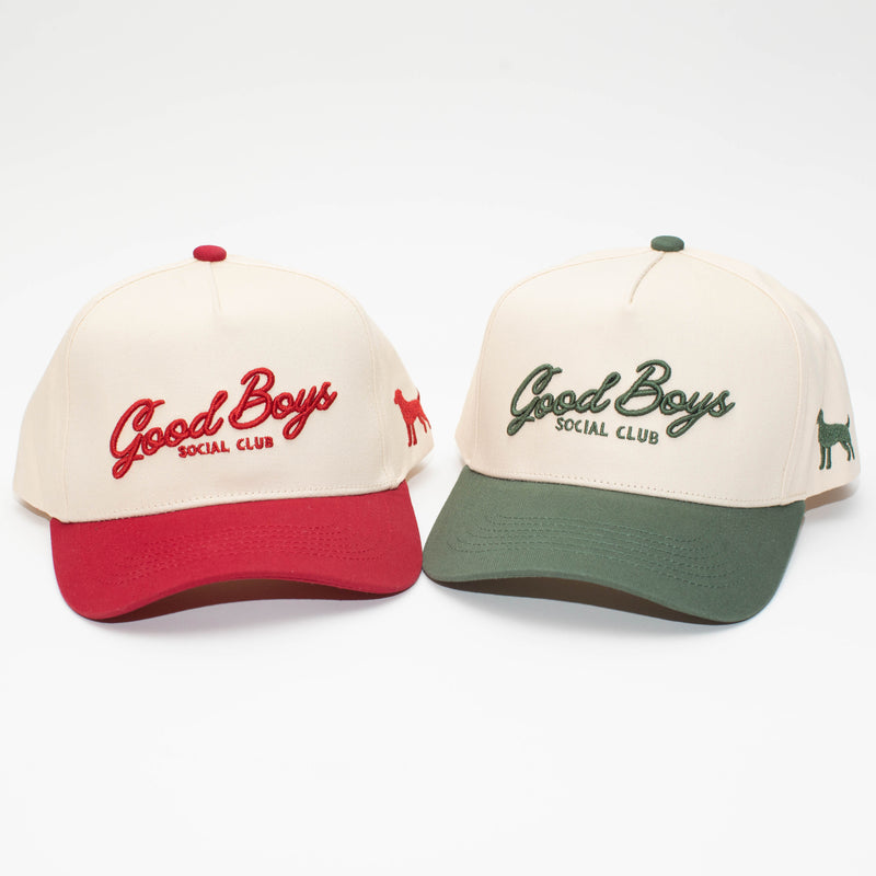 Good Boys Two-Pack featuring cream Crimson and Hunter Green hats side by side with embroidered logos.
