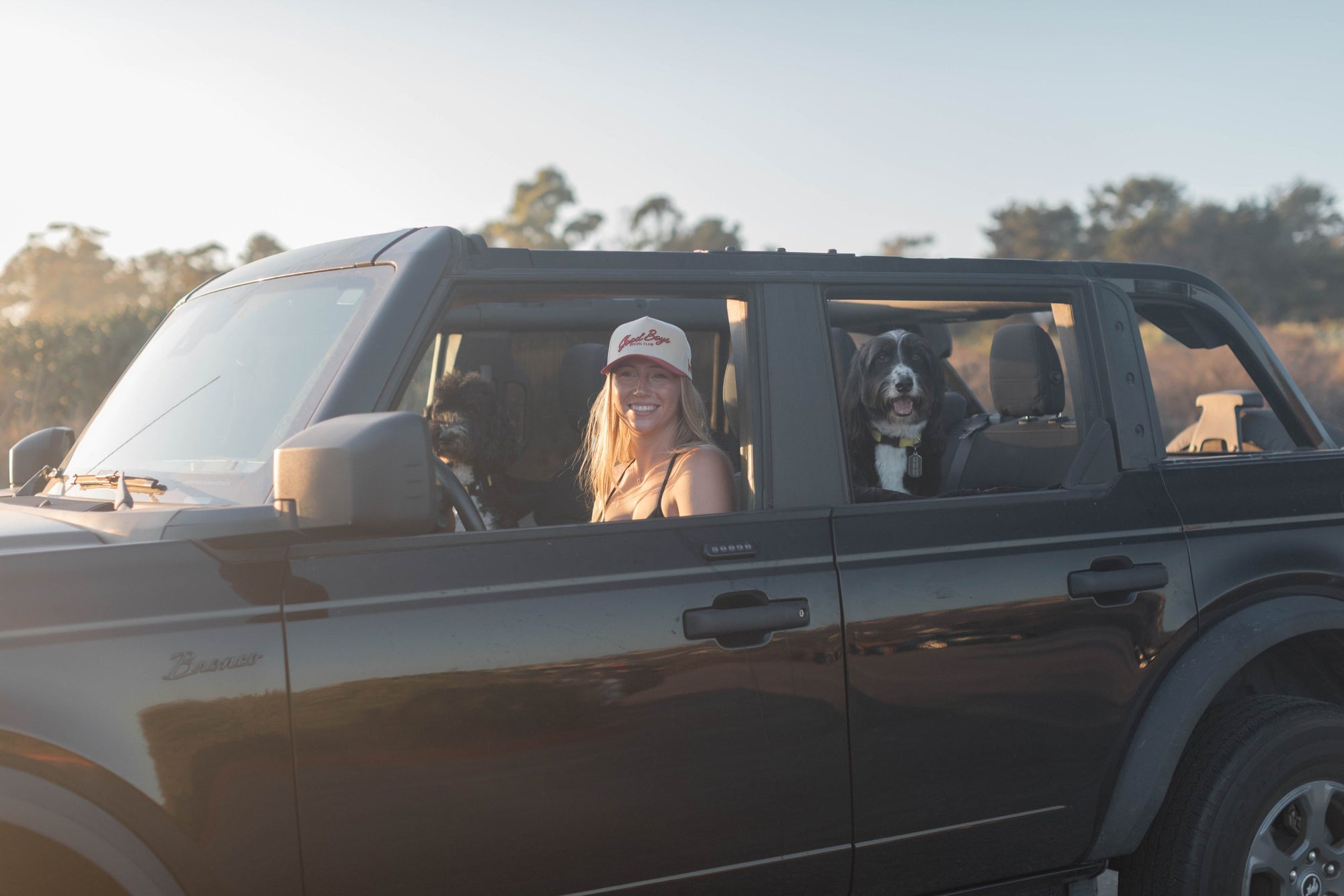 Two dogs and a person in a Bronco at golden hour, Newport Beach, California
